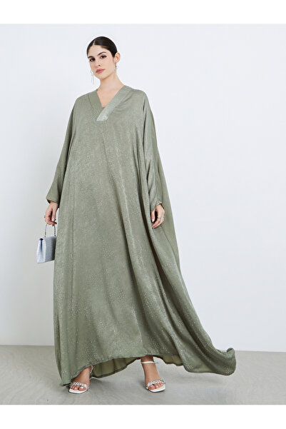 Styli Women Green Satin V-Neck A-Line Jalabiya