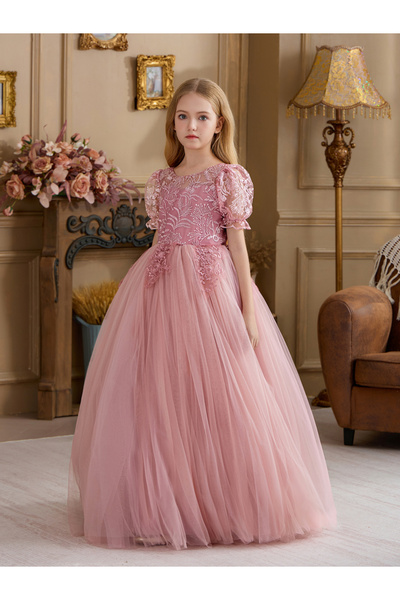 Take Two By Styli Girls Pink Floral Lace Puff Sleeve Maxi Dress