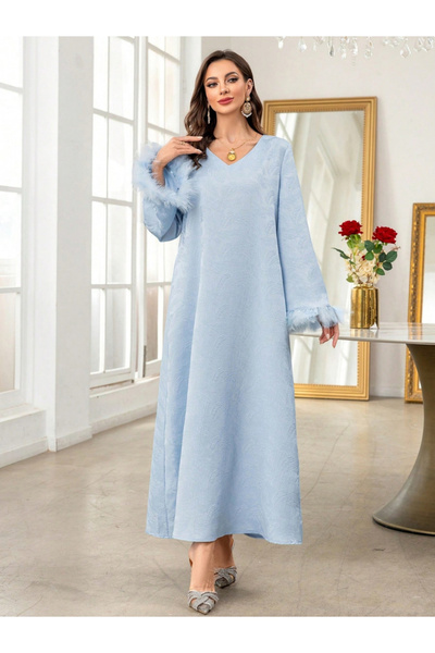 Take Two By Styli Women Faux Fur Cuff Jacquard Jalabiya