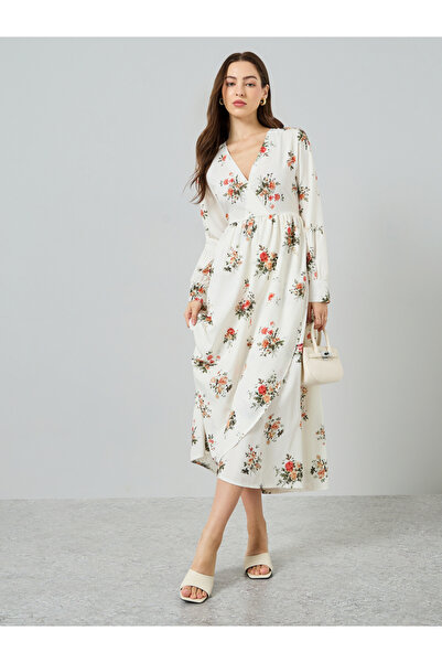 Take Two By Styli Women Floral Printed V-Neck Long Sleeve Midi Dress