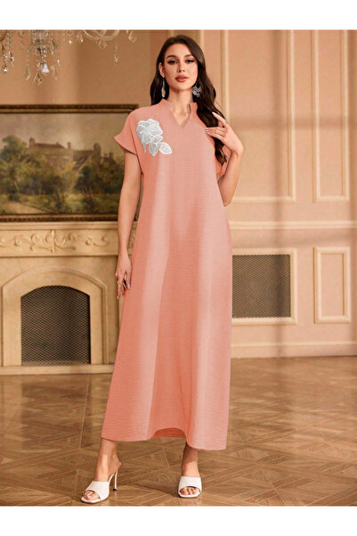 Take Two By Styli Women Floral Patch Detail Open Collar Maxi Dress