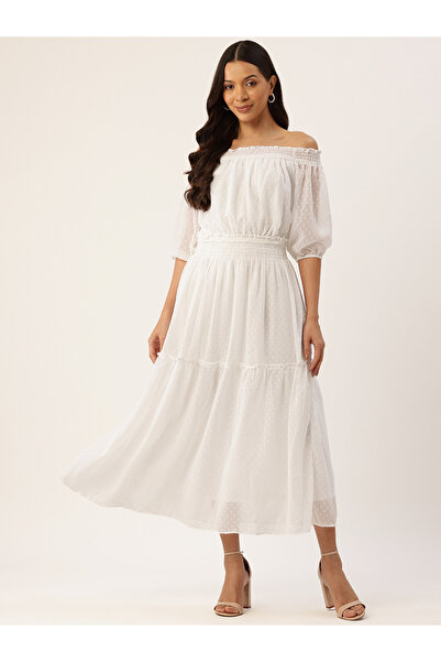 RUE COLLECTION By Styli Women White Off-Shoulder Chiffon Midi Dress