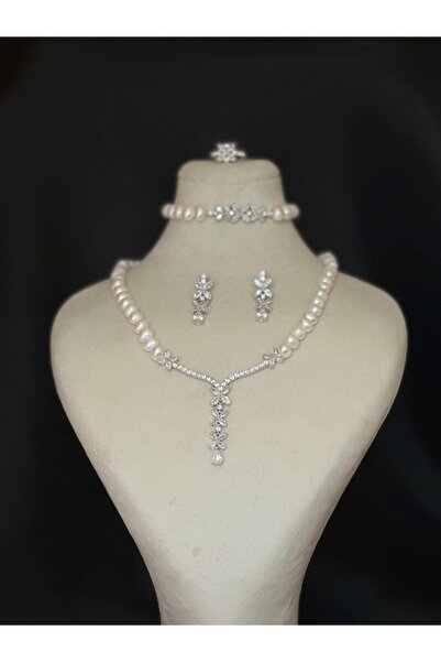 Ruenss Stella 925 Ayar Gümüş Üzerine - Rodyum Kaplama Gerçek İnci Set – Doğal...