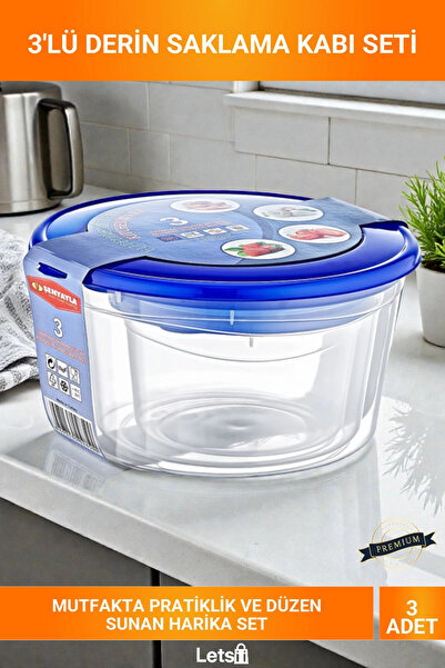 Letsii 3-Piece Deep Size Transparent Leak-Proof Blue Lid Bpa-Free Food Storag...