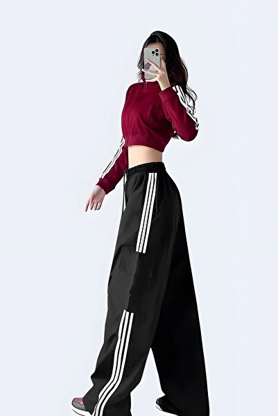 İlayda Toprak Kargo Paraşüt Çizgili Bol Paça Siyah Eşofman Altı Unısex