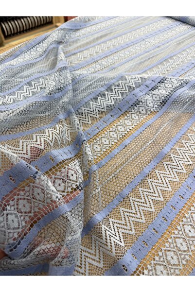 METERİAL Blue and White Striped Lace Fabric – 140 cm Width |   Cotton Texture...