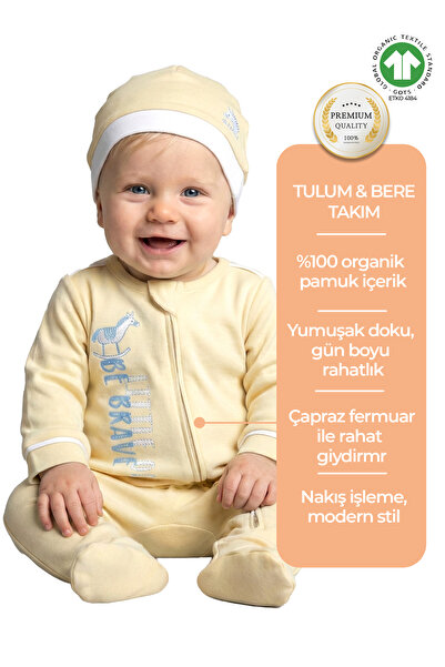 Ozmoz By Mukadder Özden Baby Boy Romper-Beanie Set with Organic Embroidery an...