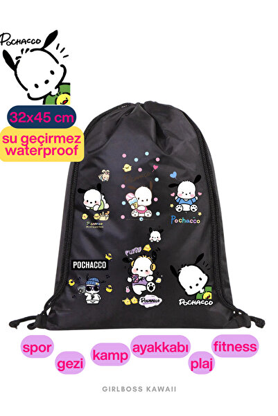 Girlboss Kawaii Pochacco Waterproof Black Drawstring Bag, Suitable for All Ag...