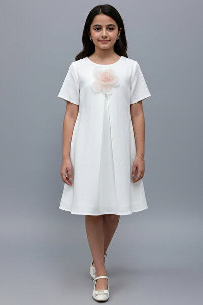 Alesaei-mondo tondo فستان بناتي ناعم ابيض ورده بالصدر 7282-