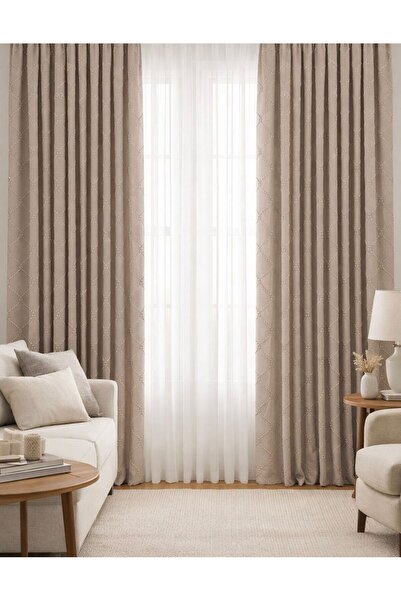 VANESSA PERDE Voila Desen Şık Keten Açık Bej Rengi 1X3 Sık Pileli Fon Perde