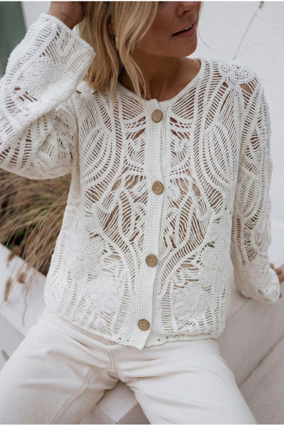 FEMELLE Women's White Wooden Button Lace Knitwear Cardigan