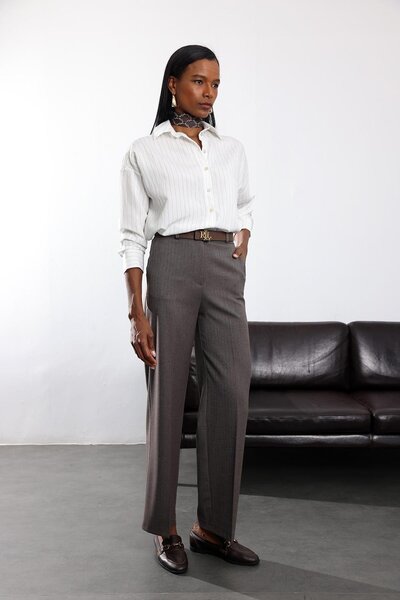 5in1Canpolat Brown Herringbone Straight Cut Fabric Trousers 9949