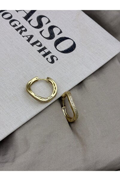 Hedef Bijuteri Gold Color Zircon Stone Asymmetric Wavy Hoop Earrings Cm91