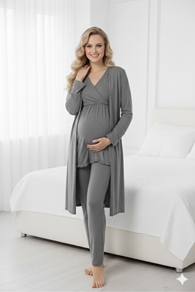 Pelin Women's Smoked Color Adjustable Waist Maternity 3-Piece Pajama Set with...