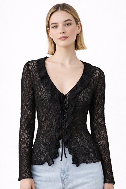 Paw Garage Women's Sura Knitted Lace Shawl Collar Tie-Up Blouse