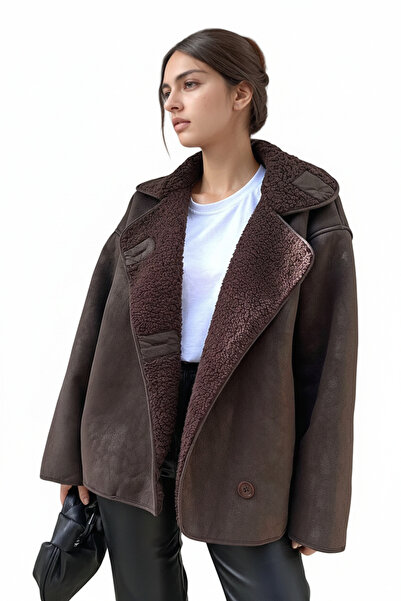 lermona Else Acı Kahve Süet Dokulu İçi Peluş Kürklü Oversize Zr Model Mont Kaban