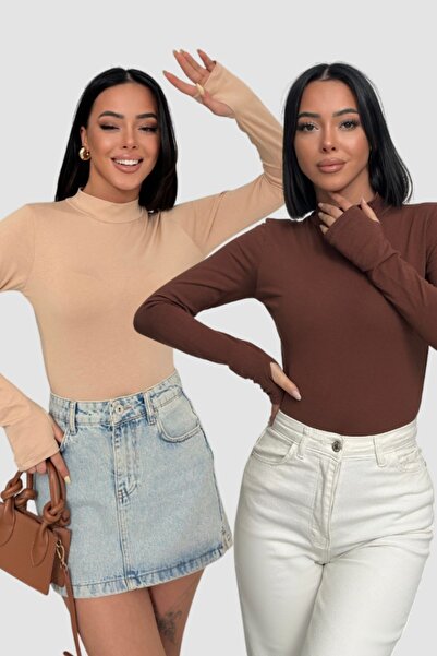 Lunamiratto Women's Beige Bitter Brown 2-Piece Finger Detail Body, Finger-Thr...