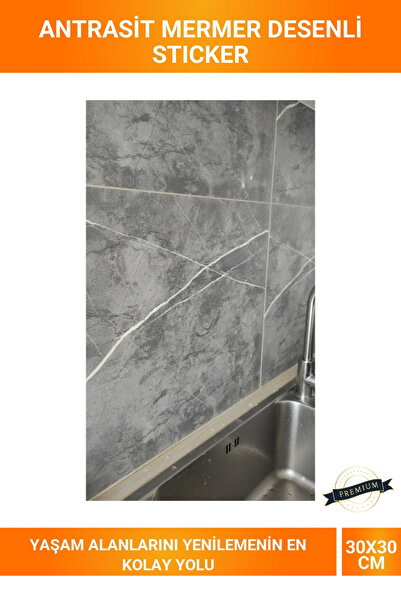 Letsii 30x30 cm Antrasit Mermer Desenli Kendinden Yapışkanlı Suya ve Neme Day...