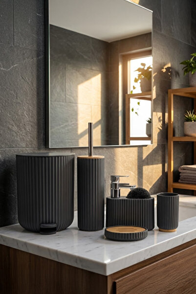 Vadi Modern Black Striped Bathroom Accessory Set 5 Pieces