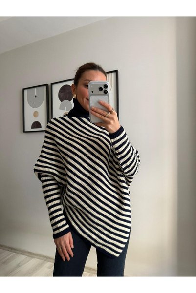 TB Butik Pulover Poncho tricotat cu mâneci liliac, cu dungi, cu gât roșu și mâneci liliac