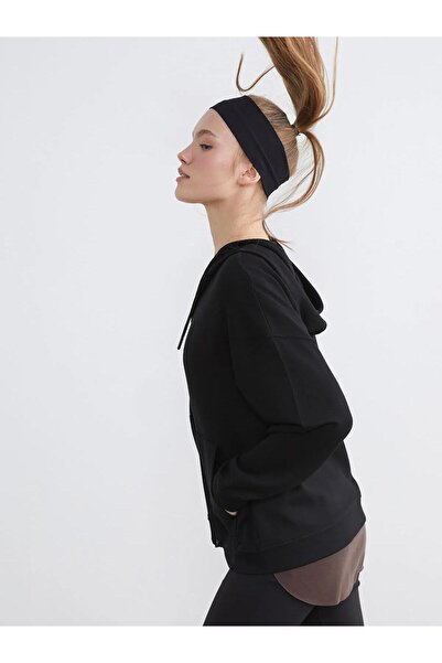 DEMOİSELLE Black Hooded Soft Touch Women's Zippered Sweatshirt