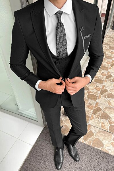 Ayber Men's Collection بدلة رياضية رجالية ضيقة ذات صدرية_أسود