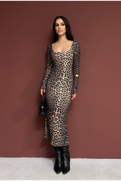 XELA Women's Leopard Print Square Neck Long Sleeve Midi Dress