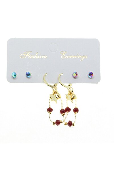 NKIE JEWELS Gold Color Star Round Combination Claret Red Bead Earrings - 2837