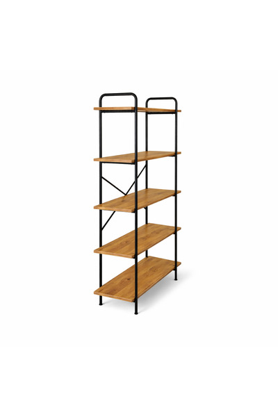 Kiwari Fivo high shelf, 5 shelves, 144x34x80 cm, MDF and Metal, Oak/Black