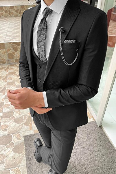 Ayber Men's Collection بدلة رياضية رجالية ضيقة ذات صدرية_أسود