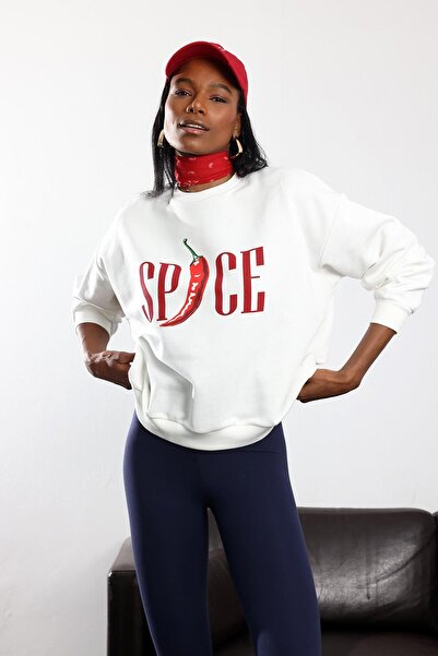 5in1Canpolat Ecru Pepper Printed Oversized Sweatshirt 01734