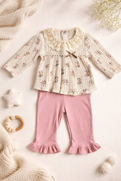 Luna Çiçek Baskılı Kız Bebek Müslin 2 Li Takım