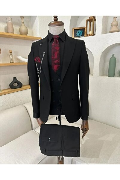 Ayber Men's Collection بدلة رياضية رجالية ضيقة ذات صدرية_أسود