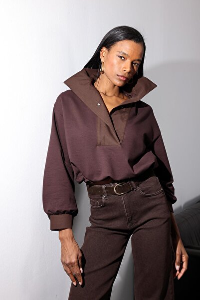 5in1Canpolat Kahverengi Beli Büzdürmeli Dik Yaka Sweatshirt 36720