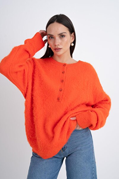 minaaise Buttoned Oversized Knitwear Sweater Orange