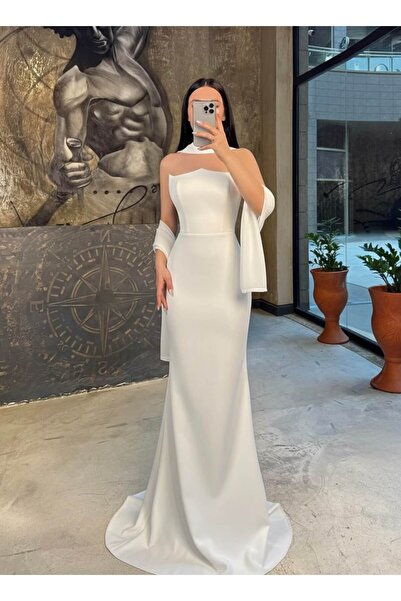 missswans Balık Kesim Şal Aksesuarlu Uzun Boy Abiye Elbise Beyaz