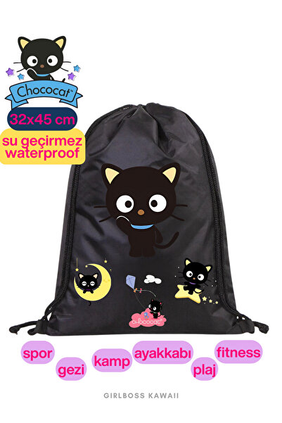 Girlboss Kawaii Chococat Waterproof Black Drawstring Bag, Suitable for All Ag...