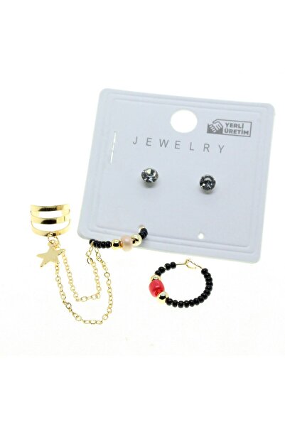 NKIE JEWELS Gold Color Round Cartilage Combination Black Bead Earrings - 2847