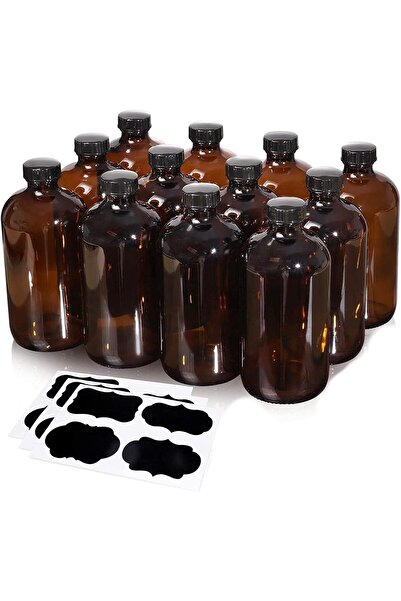 FUFU 12 Pack 16 oz Glass Amber Bottles Black Poly Cone Cap Boston Round Sampl...