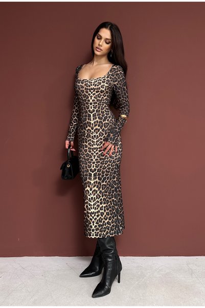 XELA Women's Leopard Print Square Neck Long Sleeve Midi Dress