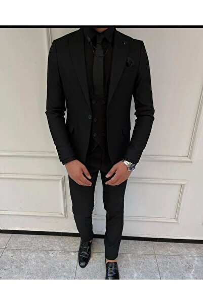 Ayber Men's Collection بدلة رياضية رجالية ضيقة ذات صدرية_أسود