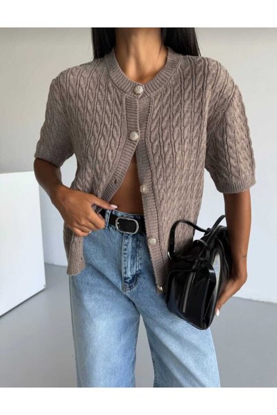 EKİN DEMİR Short Sleeve Hair Knit Model Crew Neck Cardigan