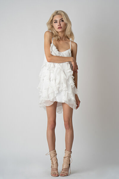 Monarh Design Lucky silk blend ruffle mini dress White