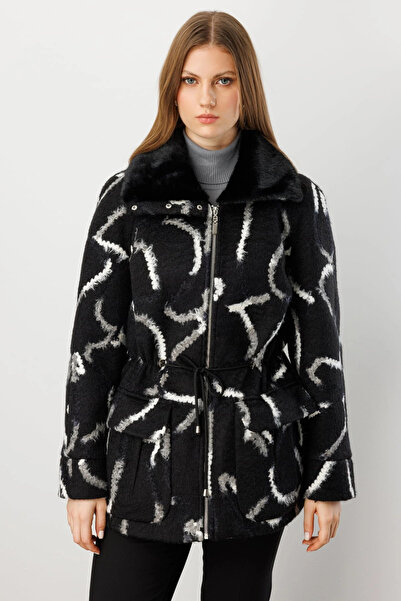 Ekol Patterned Black Coat with Flap Pocket 06301