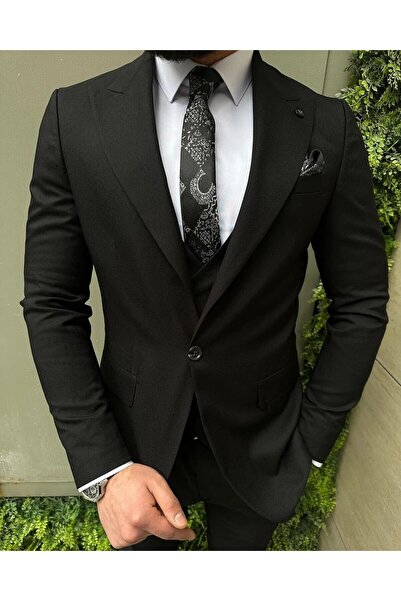 Ayber Men's Collection بدلة رياضية رجالية ضيقة ذات صدرية_أسود