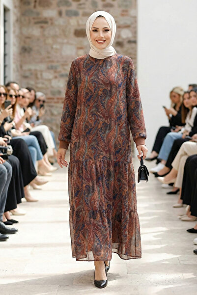 Hb Harma Time Butik Women's Inside Ş Fleece-Lined Patterned Brown Chiffon Dress