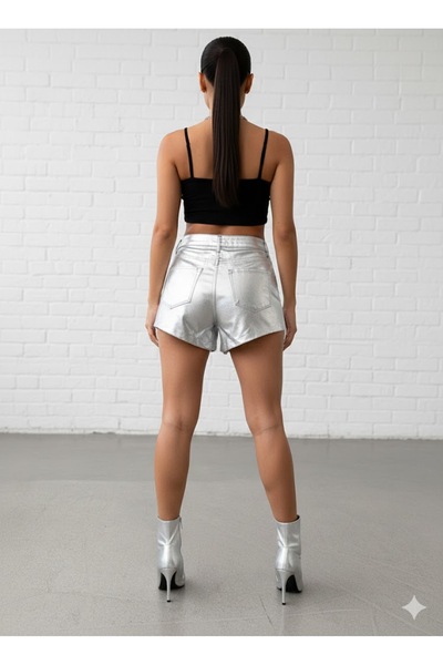 SİNGBADA Kadın Gümüş Parlak Taşlı Kot Şort - Party ve Konser Kombini Denim Şort