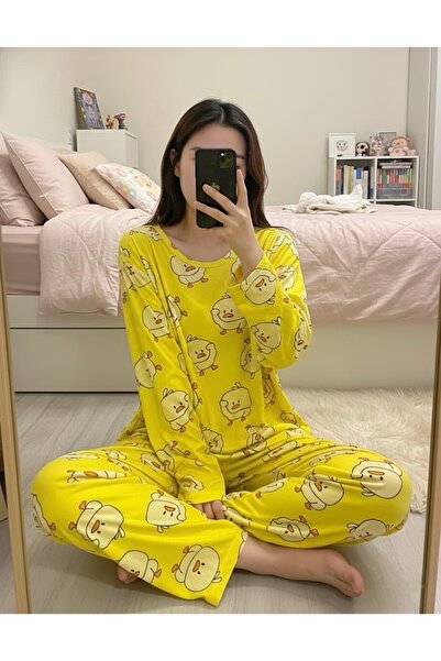 WALJA SARI SEVİMLİ CİVCİV DESENLİ UZUN KOLLU PİJAMA TAKIMI RAHAT KALIP SÜET K...