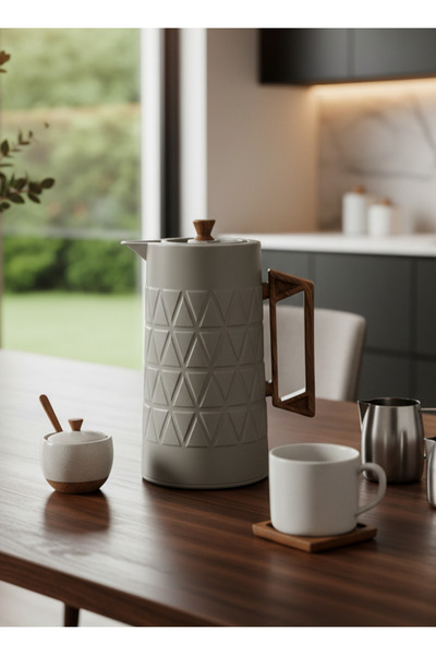 Generic 1 Liter Insulated Thermos Bottle – Light Grey with Dark Wooden Textur...