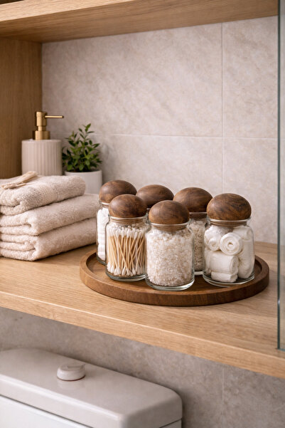 Mottogo Set de 7 recipiente din sticlă pentru baie cu capac din salcâm – Orga...